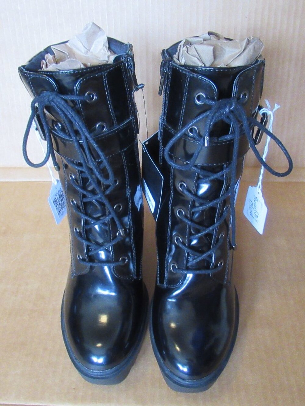 NWT Forever 21 Black Patent Lace Up Buckle Chunky Heel Ankle Boots | Size 7 - Picture 15 of 16